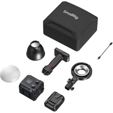 SmallRig 5383 RC 100C - lampa LED COB, RGBWW z akcesoriami i uchwytem powerbank - zawartość zestawu